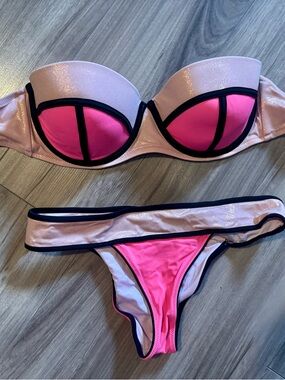 Victoria's Secret Pink and Light Pink Bikini Set with Black Trim